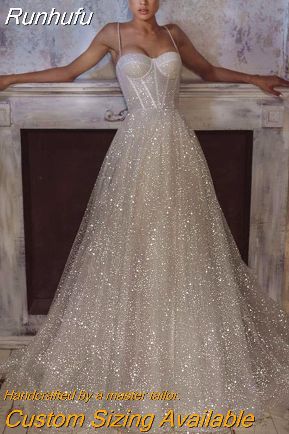 Runhufu Sweetheart Princess Wedding Dresses Glitter Tulle Sexy Wedding Gown Spaghetti Straps Boho Bride dresses Vestidos de novia