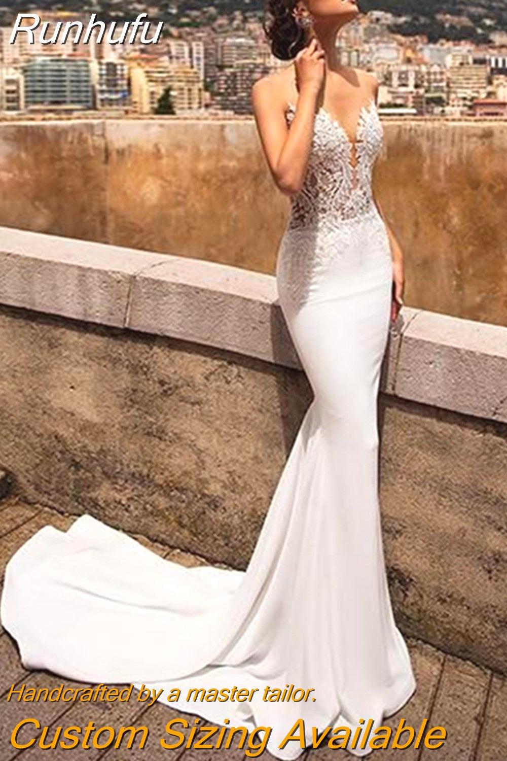 Runhufu Mermaid Open Back Wedding Dresses For Women 2024 V Neck Lace Appliqued Backless Beach Bridal Gowns White Vestidos De Novia