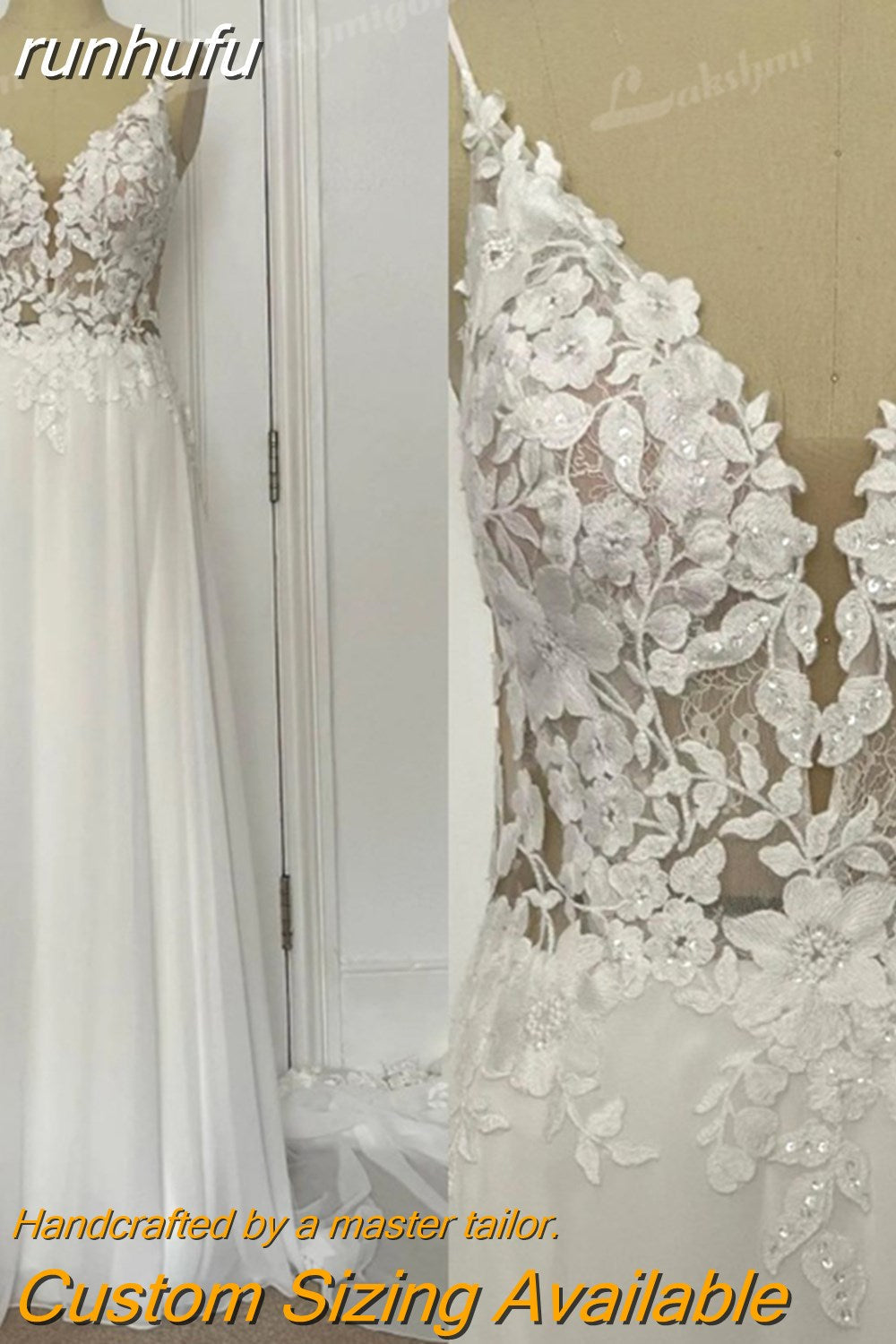 runhufu A-Line Chiffon Illusion Bodice Backless Beach Wedding Dresses for Women Appliques Unique Tail Summer Boho Bride Dress
