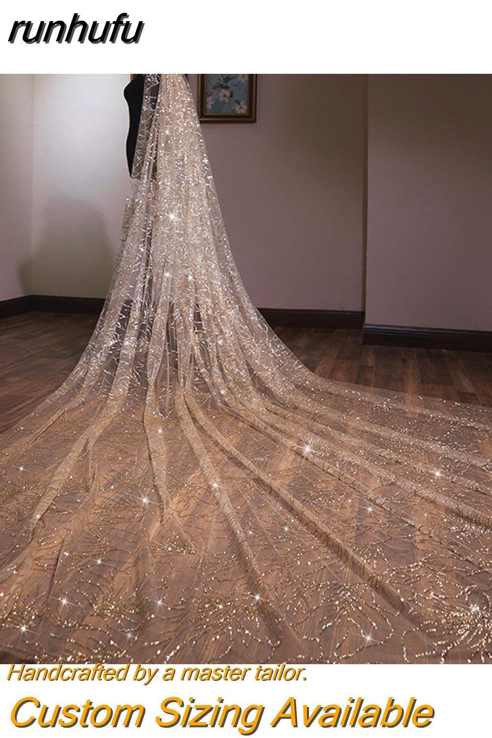 runhufu Accessories 2023 New Arrival The Champagne Chapel Veil Bling Bling Bridal Veils Beading Wedding Veil