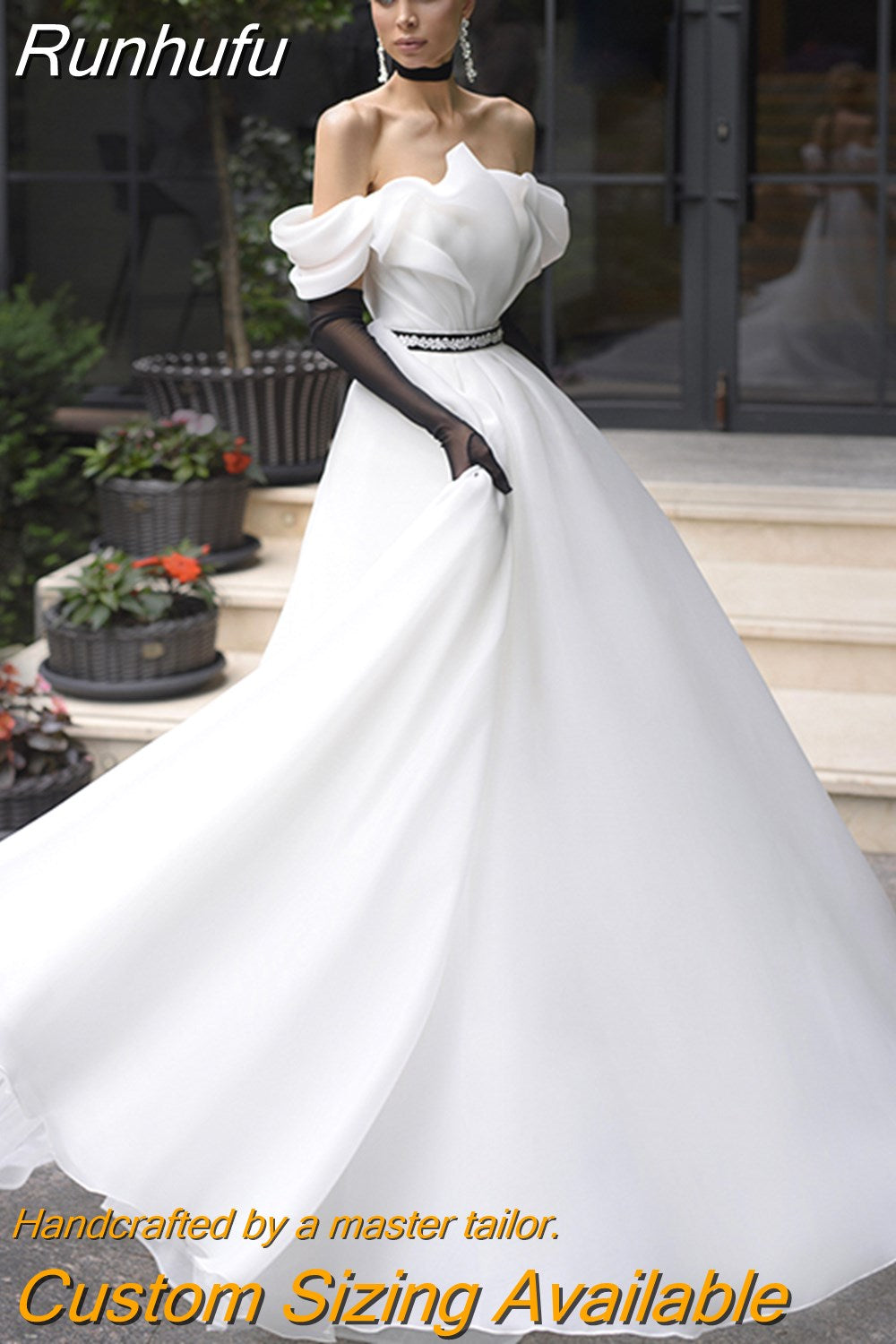 Runhufu Strapless A-Line Satin Wedding Dresses Off the Shoulder Short Sleeves Sweep Train Bridal Gowns Vestido De Novia