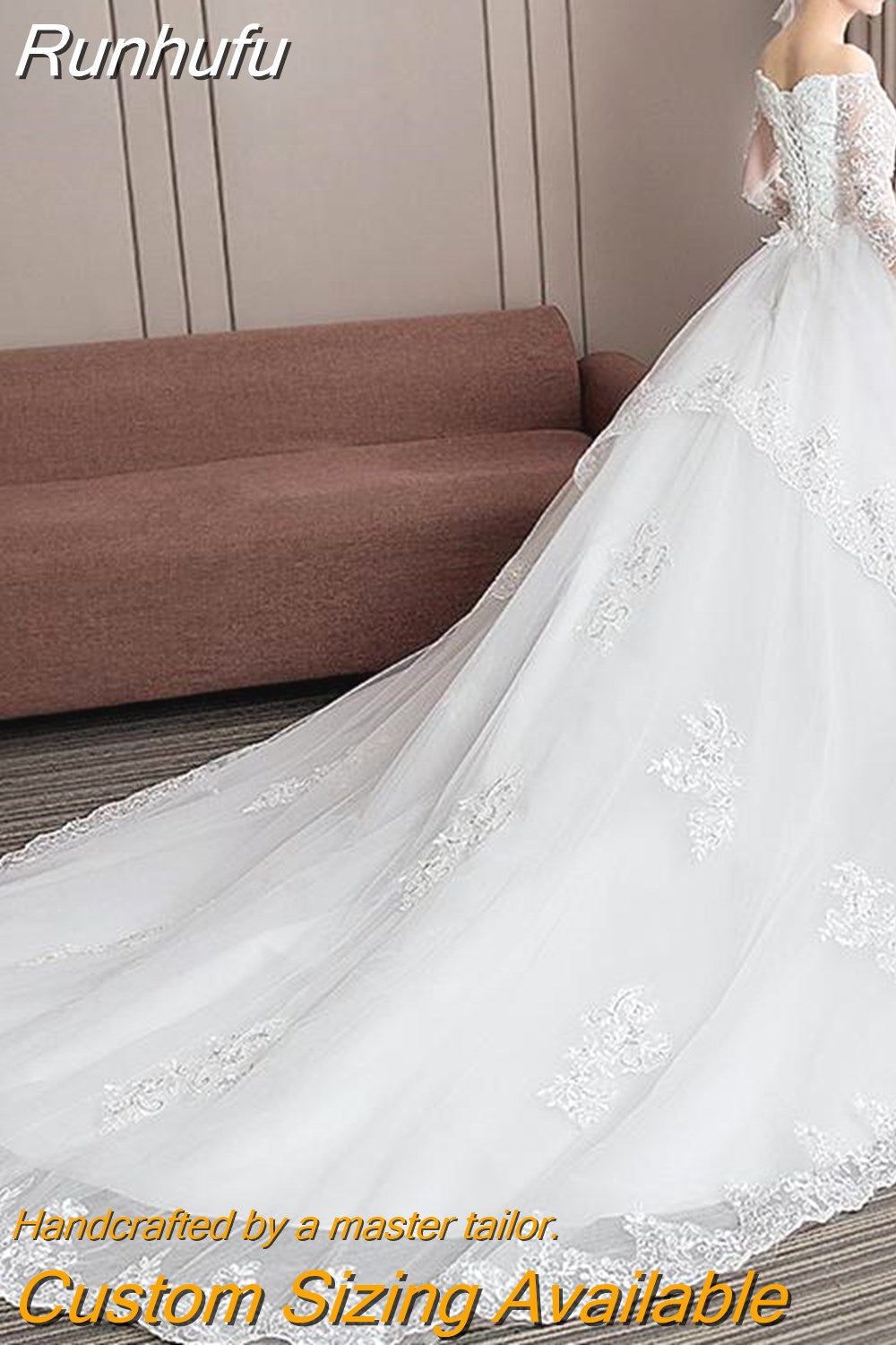 Runhufu Long Tail Half Sleeve Wedding Dress Princess Wedding Gown Lace V Neck Bridal Dress Plus Size