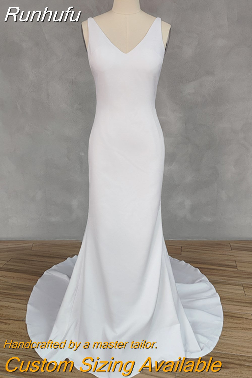 Runhufu Real Picture Simple V-Neck Sleeveless Spaghetti Crepe Mermaid Wedding Dress Open Back Court Train Bridal Gown