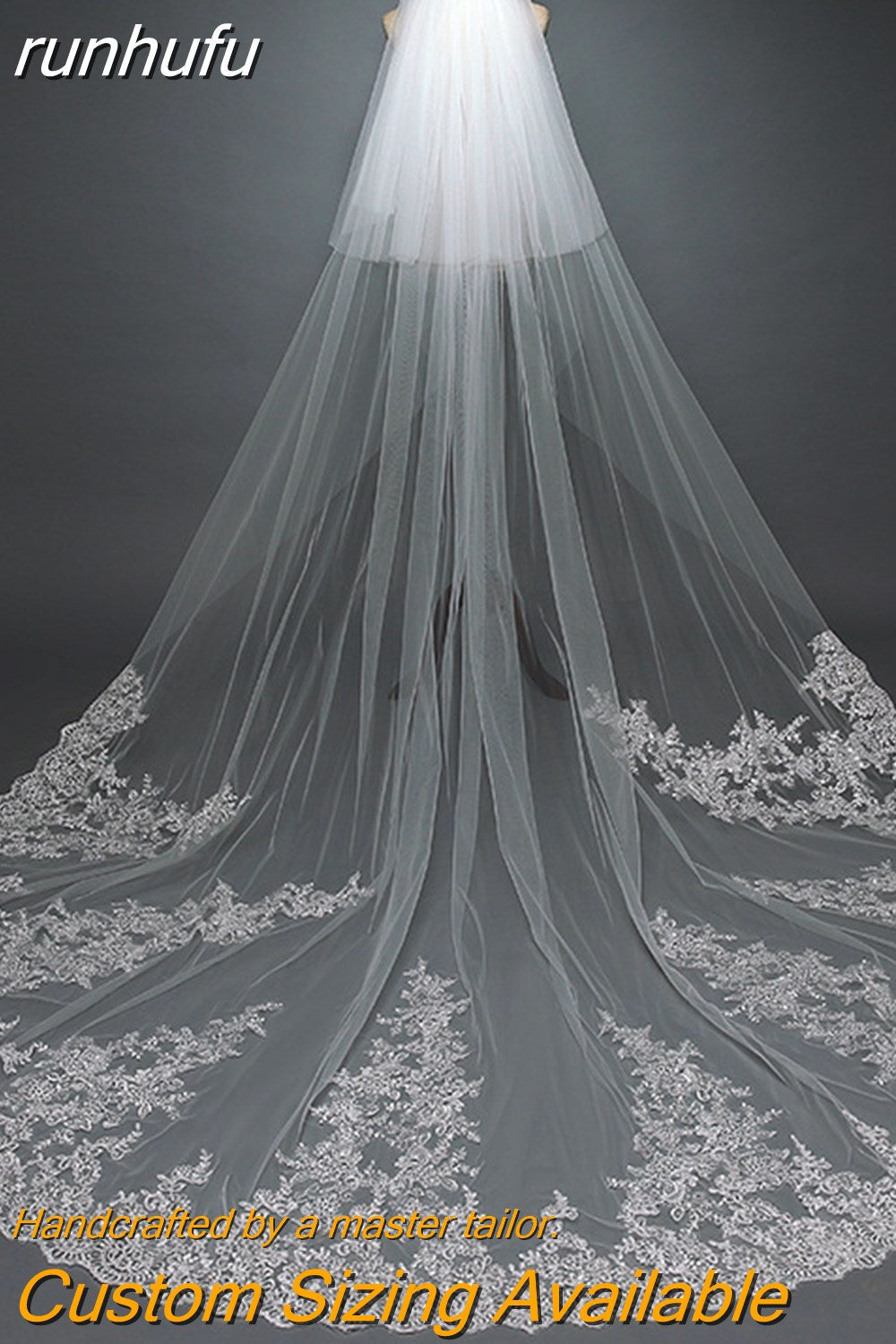 runhufu Long Wedding Cathedral Veil Short Front Veil Lace Appliqued With Comb Bridal Veils Hot Sale Wedding Accessories