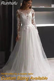 Runhufu Tulle Scoop Wedding Dress Simple Long Sleeves A-Line Lace Appliques Illusion Back With Button Bridal Gown Custom Made