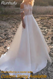 Runhufu Boho Satin Off The Shoulder Wedding Dresses Princess O-Neck A-Line Lace Appliques Illusion Back With Button Bridal Gowns