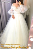 Runhufu Beach Wedding Dress A-Line Long Puff Sleeve Sheer Illusion Back Lace Appliques Bride Gown Vestido De Noiva
