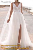 Runhufu V-Neck Tulle Boho Wedding Dress Lace 2023 Split Open Back Sleeveless A-Line Civil Bridal Gown Charming Bohemian Unique