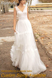 Runhufu V Neck Wedding Dress 2023 For Women Elegant Beach Sexy Backless Sleeveless Brial Gown Summer Sweep Train Civil A-line Robe