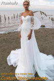 Runhufu Sparkly Sequin A Line Beach Wedding Dress Puff Elegant Long Sleeves Sweetheart Tulle Backless Bride Dress Robe De Mariee