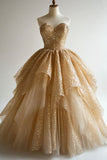 Gold A-line Sweetheart Tulle Sequin Long Prom Dresses, Elegant Evening Dress HZ1108