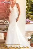 Runhufu V-Neck Sleeveless Boho Mermaid Wedding Dress For Women 2023 Lace Appliques Open Back Floor Length Bridal Gown Custom Made