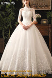 runhufu Embroidery Wedding Dress With Big Train 2023 High Neck Half Sleeve Wedding Gown Vintage Bridal Gown