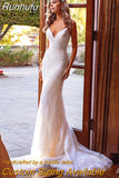 Runhufu Modern Lace Mermaid Sleeveless Bridal Wedding Dresses V Neckline with Straps Bridal Gowns for Bride Back Out Robe De