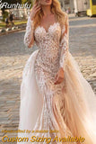 Runhufu Detachable 2 In 1 Wedding Dress Heavy Industry Bead Embroidery Train O-neck Fullsleeve Vintage Bride Gowns Back Button