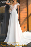 Runhufu Deep V-Neck Wedding Dress for Bride 2023 Elegant Lace Appliques Backless Chiffon Robe De Mariée Custom Made Real Photo