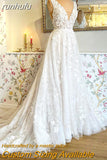 runhufu V Neck Lace Appliques Boho A Line Wedding Dress with Court Train Wedding Gowns for Bride robe de mariage