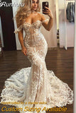 Runhufu Wedding Dress With Embroidered Lace On Net Mermaid Boat Neck Vintage Sleeveless Lace Bride Gowns Backless Vestido De Nov