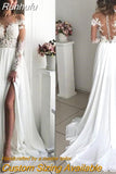 Runhufu Lace Split Wedding Dresses Sweetheart Long Sleeves A-Line Chiffon Applique Simple Boho Long Vestido De Noiva Bridal Gown