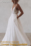 Runhufu Tulle Wedding Dresse With Pocket Deep V-Neck Spaghetti Strap Bridal Gowns Beach Open Back Vestido de Novia Sweep Train