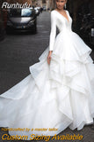 Runhufu White V-Neck Ball Gown Long Sleeves Satin Wedding Dress For Women 2023 Vintage Illusion Back With Button Custom Made