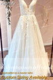 runhufu Champagne V Neck Lace Appliques Wedding Dress 2023 with Shiny Tulle Vestidos Garden A Line Backless Bridal Gowns