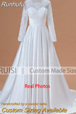 Runhufu De Novia Long Sleeves Wedding Dress 2023 Scoop Satin Lace Appliques A-Line Bridal Gown With Pockets Robe Mariage Boda