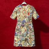 runhufu Retro Court Wind And Heavy Industry Luxury Diamond Jaclace Round Short Sleeves Loose Casual Dress