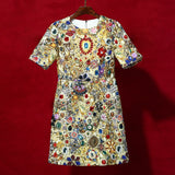 runhufu Retro Court Wind And Heavy Industry Luxury Diamond Jaclace Round Short Sleeves Loose Casual Dress