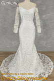 Runhufu Real Picture O-Neck Appliques Long Sleeves Crepe Mermaid Wedding Dress Illusion Back Court Train Bridal Gown