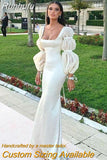 Runhufu Mermaid Long Sleeve Fluffy Evening Dress 2023 New Simple Elegant Square Neck Satin Formal Occasion Women's Banquet Dress