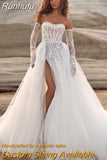 Runhufu White A-Line Wedding Dresses Elegant Lace High Split Appliques Bridal Gowns Boho Beach Sweetheart Wedding Gowns Custom Size