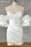 Runhufu Real Picture Off-Shoulder Puff Sleeves Pleats Short Wedding Dress Sheath Above Knee Mini Bridal Gown Custom Made
