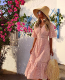 runhufu 2024 Summer Women's V-Neck Short-Sleeved Lace Sleeves Single-Drace Dress