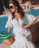 runhufu 2024 Summer Women's V-Neck Short-Sleeved Lace Sleeves Single-Drace Dress