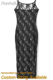 Runhufu Spaghetti Strap See Through Midi Dress Women Black Sexy Sheer Mesh Lace Floral Dresses Chic Y2K Beach Outfits Vestidos