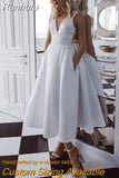 Runhufu Short Wedding Dresses Satin A-Line V-Neck Sleeveless Lace Sexy Open Back Cheap White Tea-Length Bridal Gown Custom Made