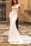 Runhufu Mermaid Wedding Dresses 2023 Cap Sleeve V-Neck Lace Appliques Sequined Sexy Open Back Sweep Train Ivory Bride Gown