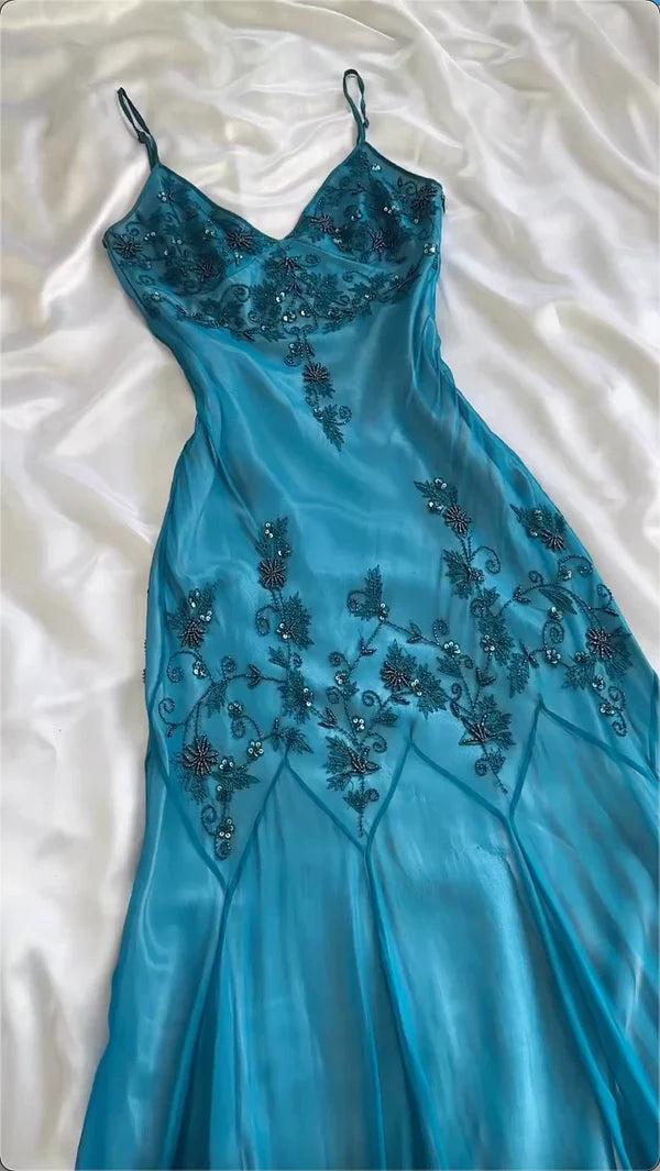 Vintage-Inspired Prom Dresses Under $180??Gothic Spaghetti Straps Blue Satin Chiffon Sheath Evening Dress with Beading HZ1108