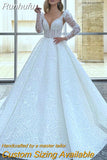 Runhufu V-Neck A-Line Wedding Dresses Long Puff Sleeves Lace Appliques Floor Length A-Line Princess Bridal Gowns
