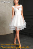 Runhufu Spring Simple Short Wedding Dress For Women Charming Sleeveless Bacaless O-Neck Bridal Gowns Robe De Mariage Custom Made