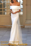 Runhufu Elegant Off Shoulder Backless Mermaid Wedding Dress For Women 2023 Simple Crepe Sweep Train Minimalism Bridal Gown