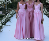 Elegant Spaghetti Straps A Line Prom Dress Satin Pink Long Bridesmaid Dresses HZ1108