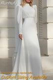 Runhufu High Neck White Chiffon Wedding Dress For Women Long Lantern Sleeve Pleats Elegant Sheath Bride Gown Button Sweep Train