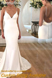 Runhufu Straps Crepe Backless Wedding Dress Plus Size Zipper Cowl Trailing Custom Made Sheath V Neck Bridal Gowns With Train