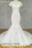 Runhufu Real Picture Deep V-Neck Appliques Cap Sleeves Tulle Mermaid Wedding Dress Illusion Back Court Train Bridal Gown
