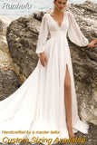 Runhufu Elegant White A-Line Wedding Dresses Puff Sleeve V-Neck Bridal Gowns Boho Beach Lace High Split Wedding Prom Gowns Plus Size