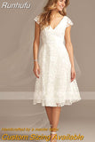 Runhufu Lace Short Wedding Dress White Tea Length Cap Sleeve Party Bridal Gown Simple A Line V-Neck Open Back Vestidos De Noiva