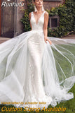 Runhufu V-Neck Mermaid Wedding Dress Detachable Train 2023 Boho Lace Appliques Bridal Gown For Bride Backless Robe De Mariée