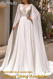 Runhufu Elegant Detachable Cape Sleeves Appliques O-Neck Wedding Dress A-Line Backless Long Sweep Train Robe De Mariée Custom Made